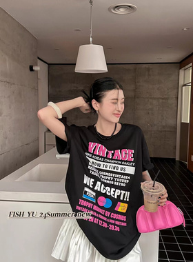 FISH YU夏美式复古绿色彩色字母发泡印花宽松短袖T恤女大版中长款