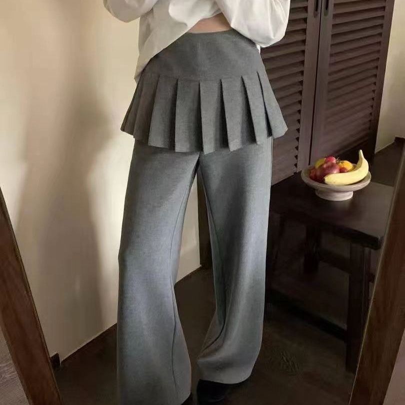 AT韩系秋冬假两件叠穿黑休闲微喇叭加绒长裤子女显瘦百褶裙屁帘裤