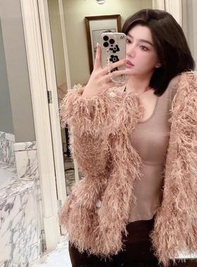 法式氛围设计纯欲毛毛流苏针织开衫女LXYG小香风洋气外套2024秋冬