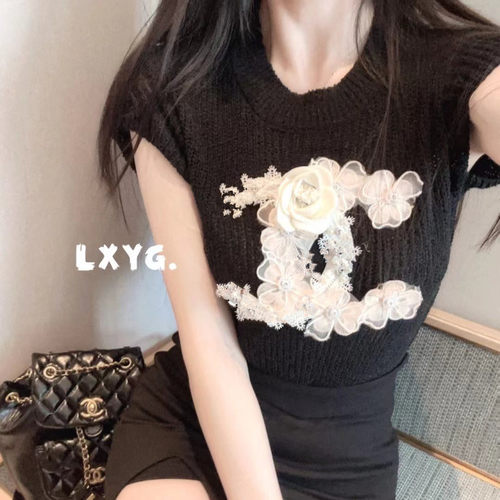 LXYG小香风重工花朵双C短袖针织衫女短款修身薄款甜辣温柔上衣夏