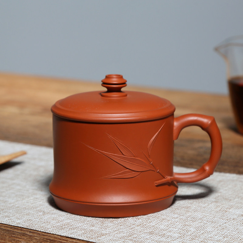 宜兴紫砂杯泡茶杯办公水杯纯手工茶具原矿老朱泥紫砂高风亮节盖杯