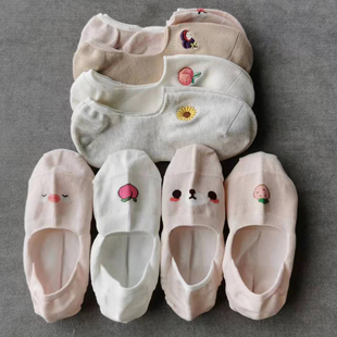 女士可爱无骨船袜棉袜水果刺绣卡通提花防掉跟硅胶浅口隐形袜