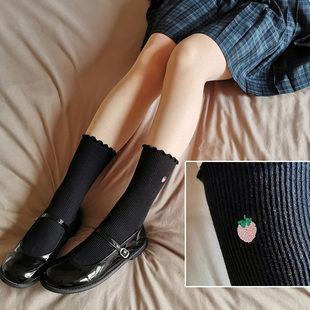 双针抽条JK制服袜女棉袜黑色木耳边草莓刺绣中筒学生袜高约20cm