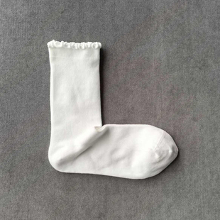 纯色细纹棉女袜无骨中筒袜JK学生堆堆袜夏季 木耳边薄款 白色
