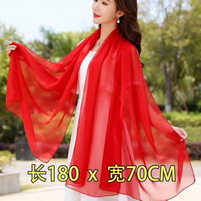中国大红色丝巾女春秋薄款洋气时尚长条纱巾百搭纯色雪纺围巾披肩