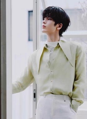 张凌赫明星同款男士绿色长袖衬衫高级感时尚休闲百搭衬衣外套潮牌