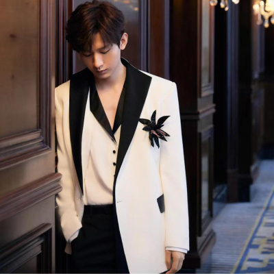 成毅明星同款男士黑色西装领口设计白西服商务休闲高端气质西装潮