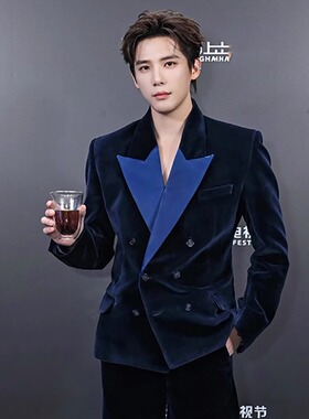王安宇明星同款男士蓝色领口长袖黑丝绒西服高级商务休闲西装潮牌
