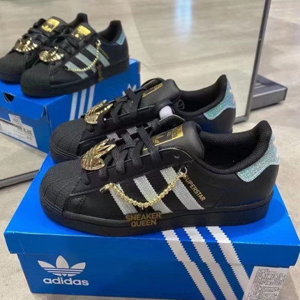 adidas三叶草女鞋SUPERSTAR 经典黑色金标贝壳头运动休闲鞋GZ8403