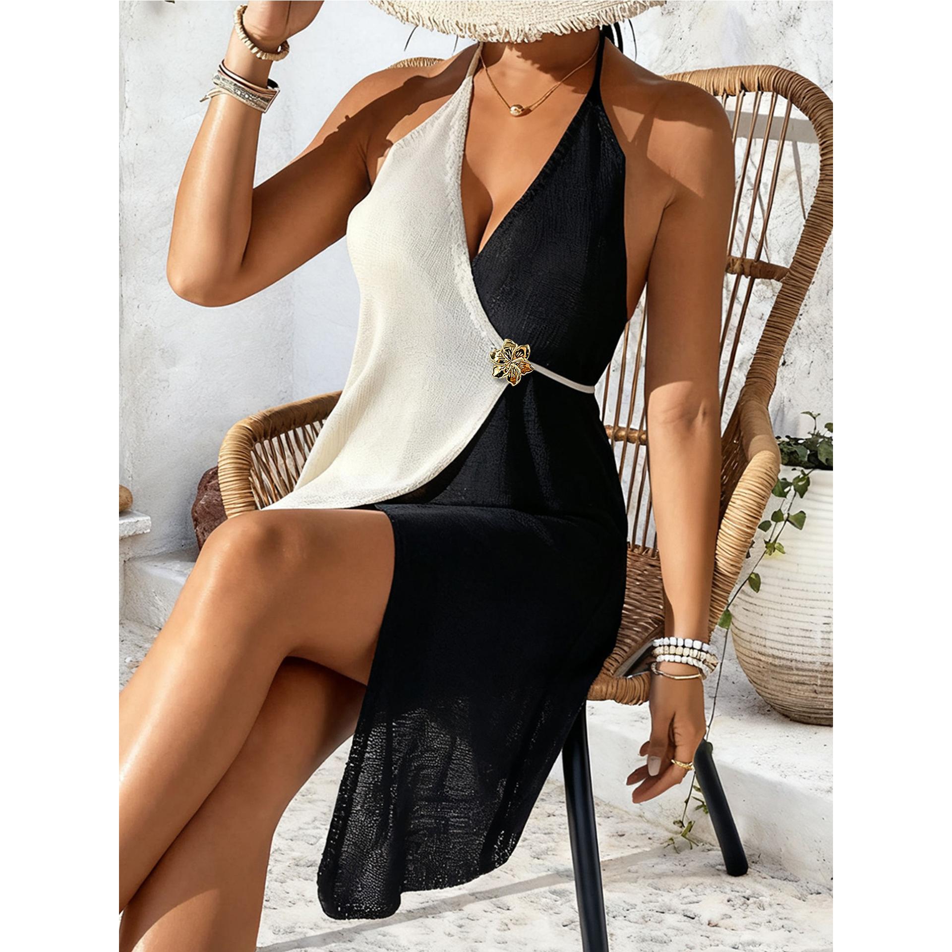 沙滩撞色拼接比基尼罩衫