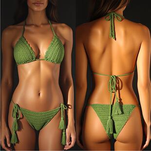 vivian外海岛度假沙滩系带流苏草绿色手工编织针织性感三角比基尼
