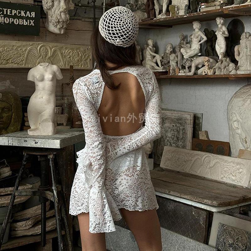 欧美白色泳衣罩衫镂空沙滩裙防晒性感露背长袖蕾丝海边比基尼罩衫