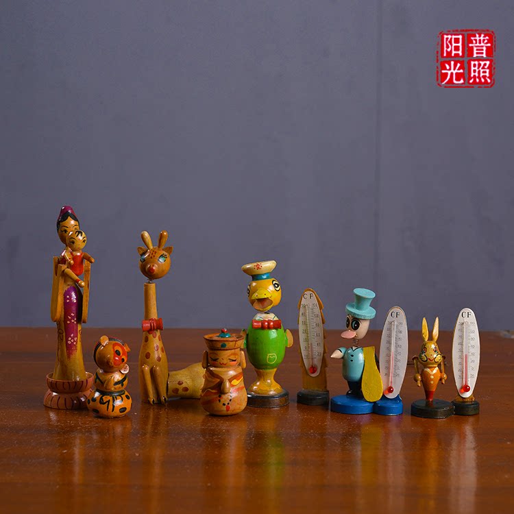 80 90年代木制工艺品寒暑表手工制作猴子唐老鸭温度计小摆件