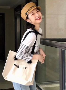 m家日本纯色帆布袋字母印花包包女布单肩手提包帆布妈咪包托特包