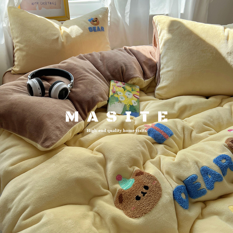 高端牛奶绒四件套冬季加绒加厚床单被套双面珊瑚法兰绒床笠三件套