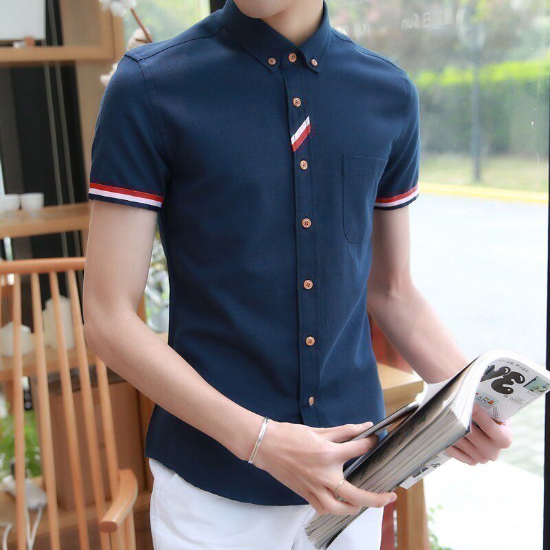 青年短袖衬衫男士韩版夏季衬衣学生修身型秋装寸衫男半截衣服潮牌