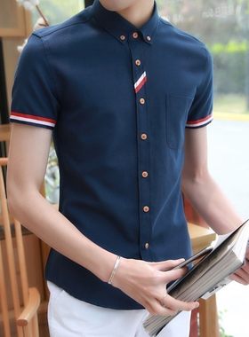 青年短袖衬衫男士韩版夏季衬衣学生修身型春装寸衫男半截衣服潮牌