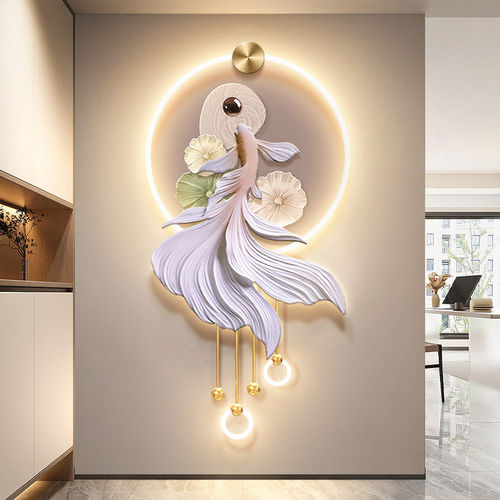 奶油风好运锦鲤玄关装饰画3D立体走廊尽头壁画灯浮雕感入户门挂画