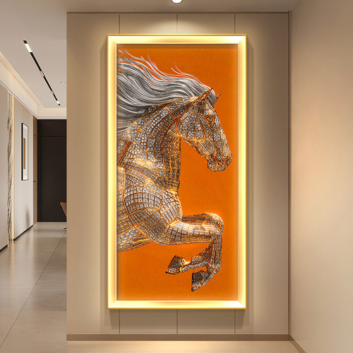 马到成功玄关装饰画轻奢骏马走廊挂画爱马仕橙色入户正对门壁画灯
