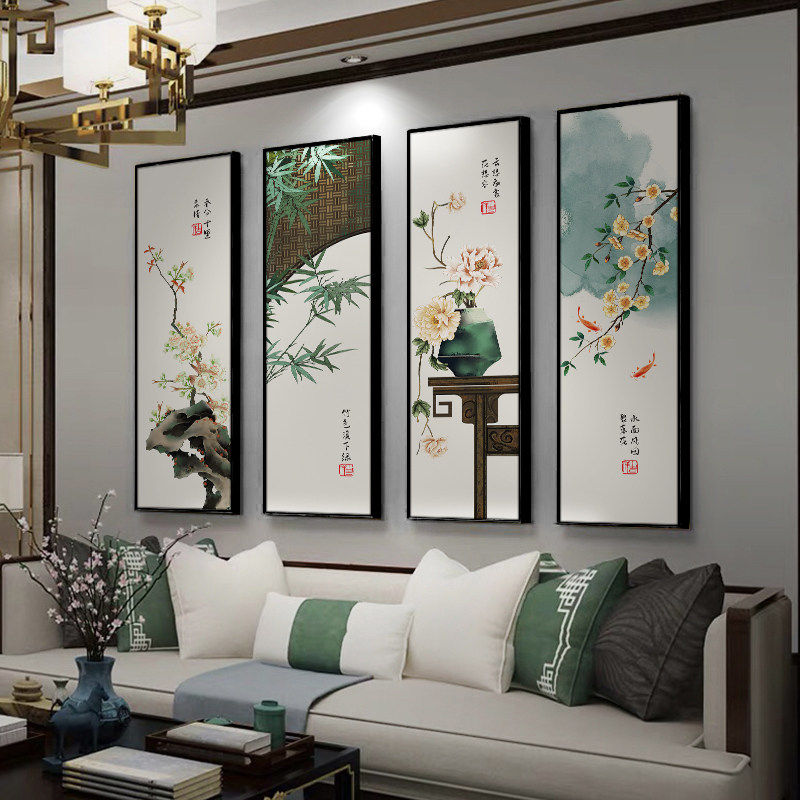 禅意茶室装饰画新中式四条屏组合挂画客厅画沙发背景墙壁画花卉画,家居饰品,国画,淘宝优惠券,粉丝福利购,淘宝优惠卷
