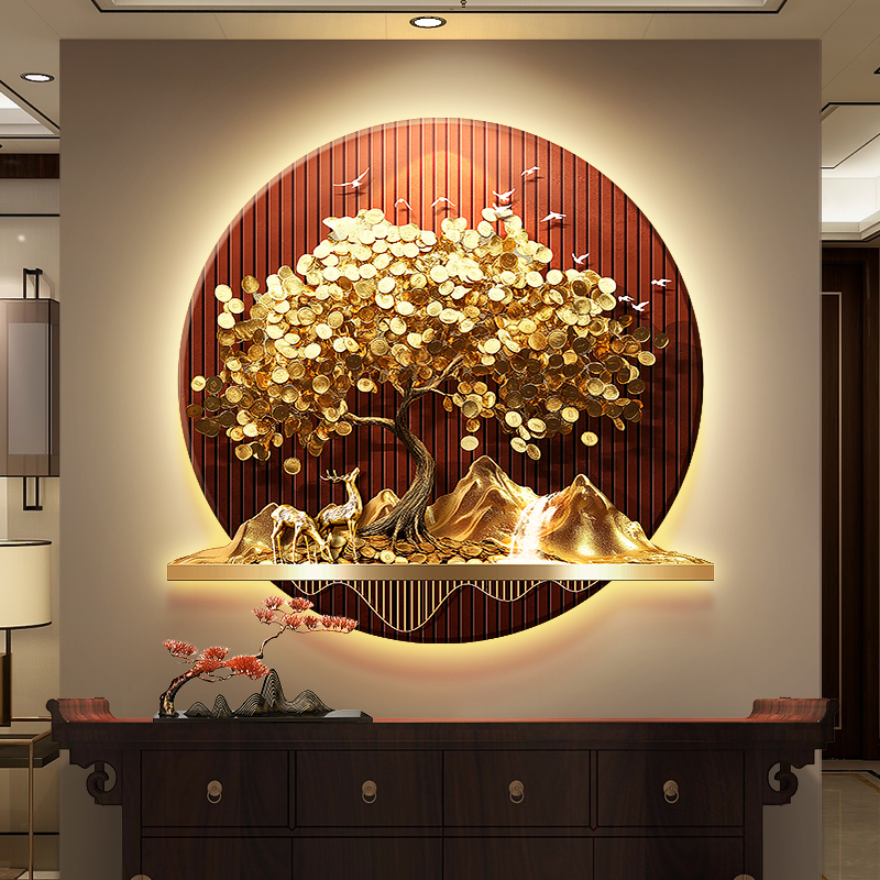 轻奢发财树玄关装饰画流水生财圆形走廊挂画金山茶室入户带灯壁画图片