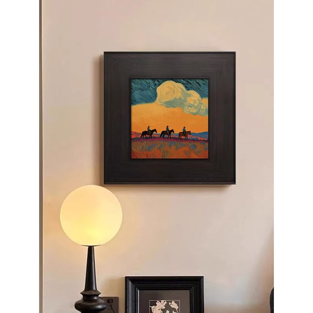 中古风客厅装饰画落日风景画抽象电表箱盒遮挡挂画三人西行玄关画