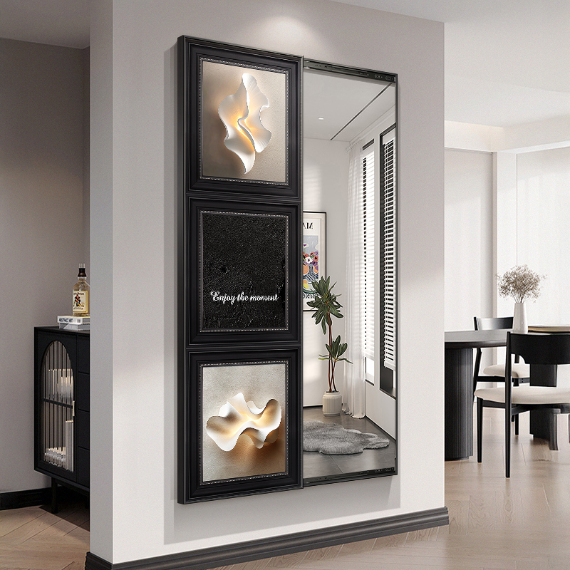 极简抽象可推拉全身镜玄关装饰画浮雕立体感隐藏式穿衣镜卧室壁画