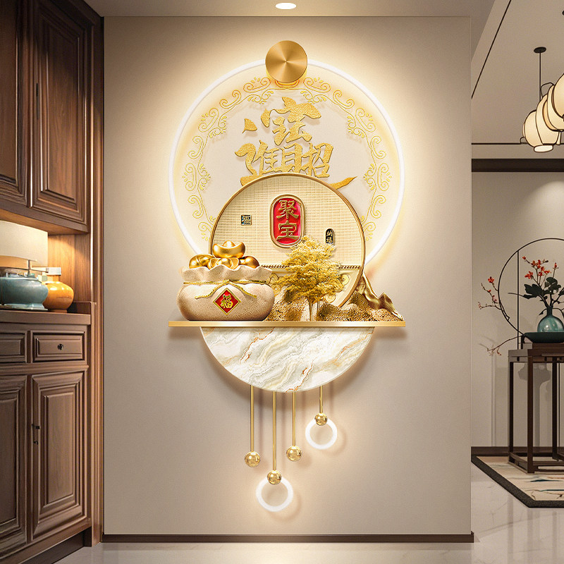 轻奢招财进宝走廊挂画金山入户门带灯壁画新中式聚宝盆玄关装饰画