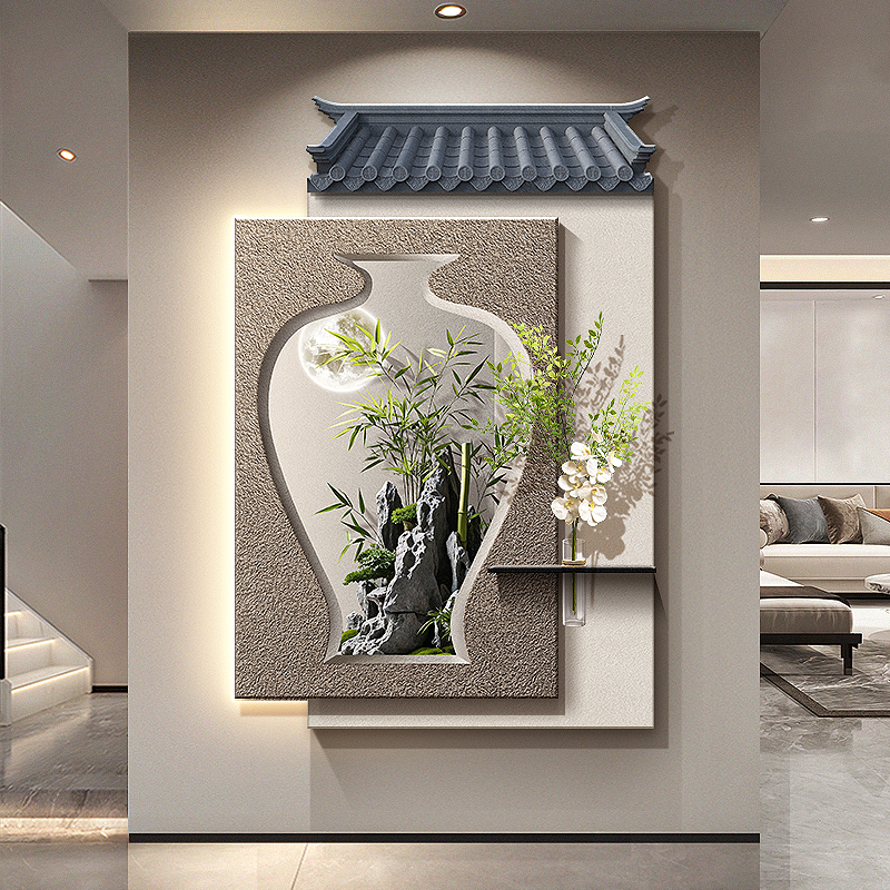 新中式水培绿植玄关装饰画竹子走廊砂岩挂画禅意茶室立体带灯壁画