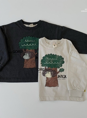 现货GOU韩国童装25秋季男女童休闲纯棉长袖T恤卡通树亲子印花上衣