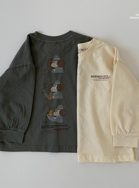 现货GOU韩国童装25秋季男童女童纯棉长袖可爱卡通图案印花T恤上衣