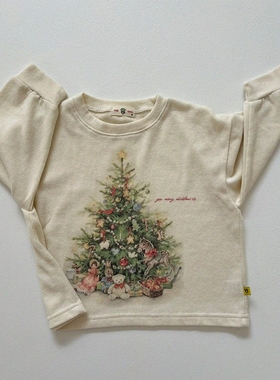 现货GOU韩国童装25冬男女童休闲加厚圣诞树印花长袖T恤宽松打底衫