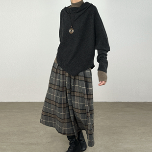 尢系UXI秋冬复古文艺羊毛格纹高腰显瘦中长款 百褶半身裙 A字裙经典