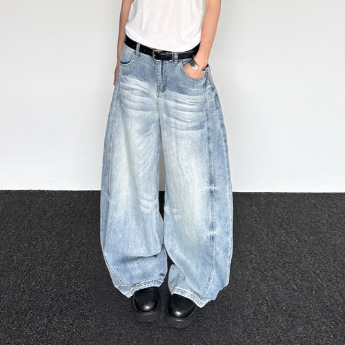 尢系UXI 复古水洗做旧廓形分割牛仔气球裤裤宽松阔腿拖地弯刀裤