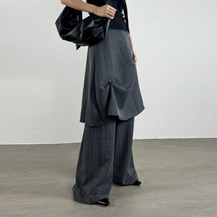 尢系UXI 女 2025早秋极简主义设计竖条纹叠穿屁帘可拆卸直筒西裤