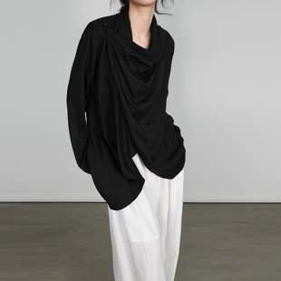 设计感小众围裹式 外套女宽松黑色袖 荡领长袖 式 口衬衣 衬衫 尢系UXI