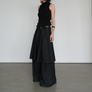 高腰显瘦阔腿长裤 尢系UXI 设计感不规则黑色假两件裙裤