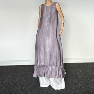 背心裙宽松叠穿连衣裙 复古植物染色荷叶边拼接无袖 尢系UXI 法式