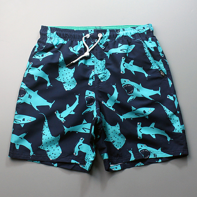 蓝色鲨鱼印花短裤男沙滩裤速干双层防尴尬海边度假冲浪裤温泉泳裤