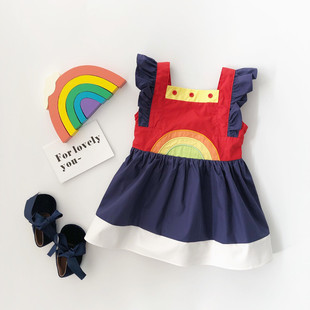 天使家 女宝宝中小童彩虹裙可爱拼色飞袖 新款 夏装 裙欧美风连衣裙