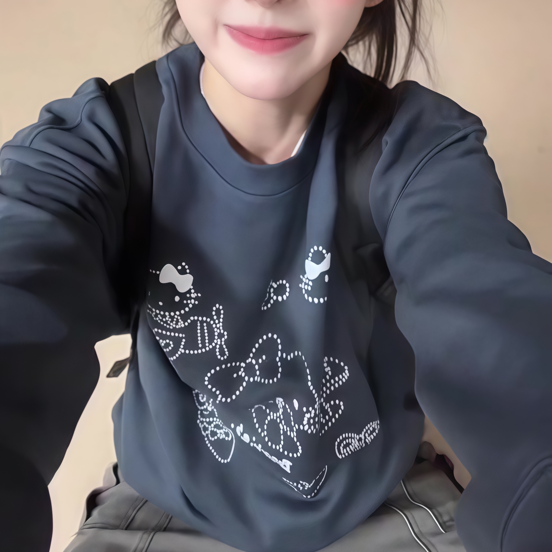 【现货】韩系藏青色卡通猫印花卫衣女秋2025新款慵懒风宽松上衣