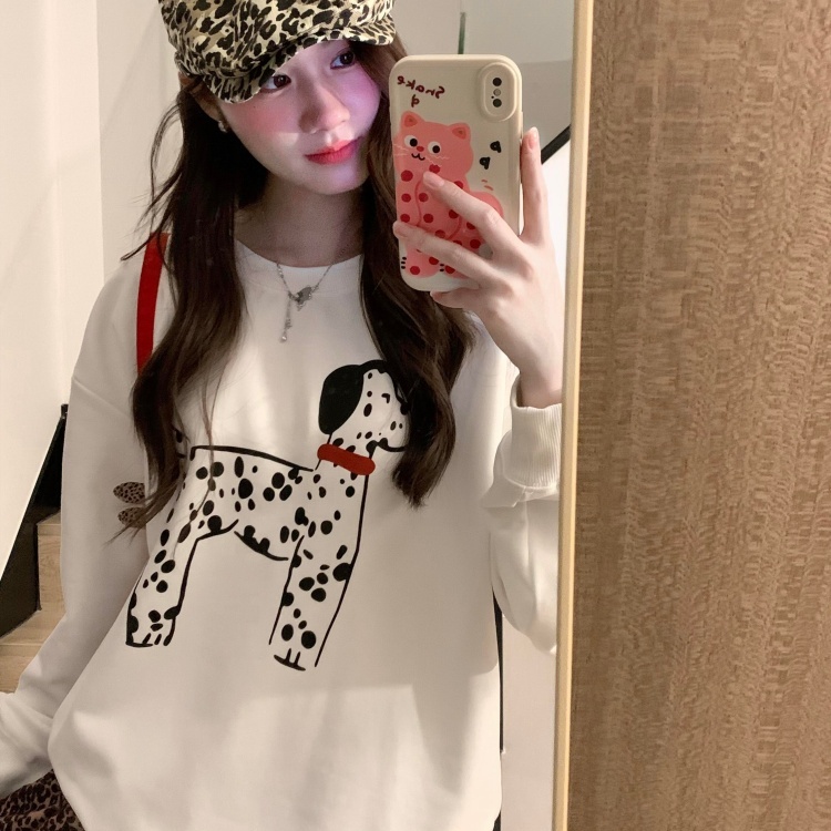 【现货】圆领白色小狗印花卫衣女秋季2025新款纯棉宽松巨好看上衣