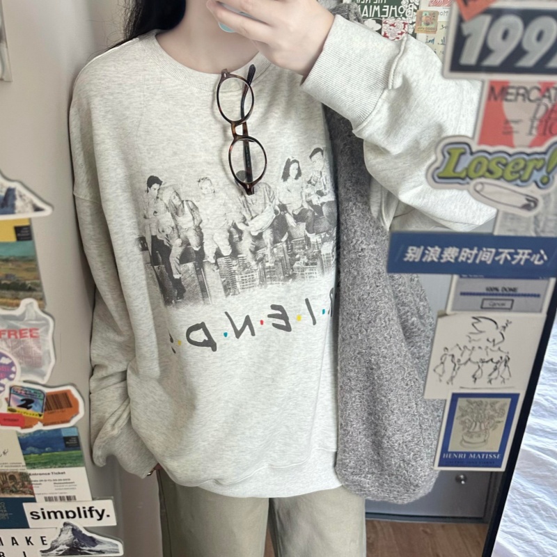 【现货】灰色印花无帽卫衣女2025秋季新款纯棉宽松慵懒风T恤上衣