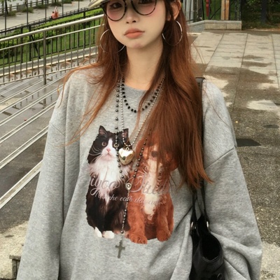 【现货】灰色猫咪印花圆领卫衣女2025秋季新款慵懒风美式纯棉上衣