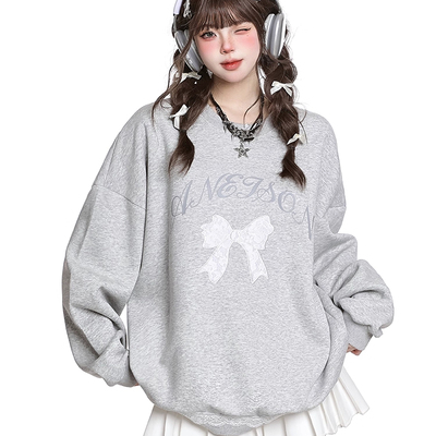 灰色蝴蝶结刺绣圆领卫衣女秋季2025新款无帽韩系休闲宽松长袖上衣