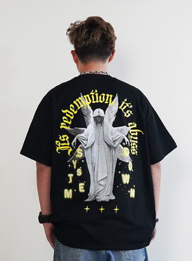 SSTD夏季新款六翼天使短袖印花百搭300克宽松街头潮重磅纯棉t恤男