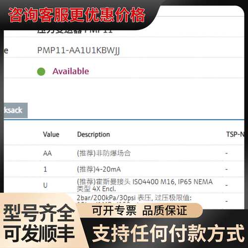 议价E+H 压力变送器 PMP11-AA1U1KBWJJ(PMP可维修