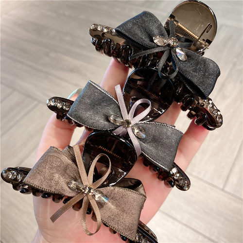 韩系高智感~ 高级感缎面蝴蝶结后脑勺盘发抓夹水钻马尾夹头饰女