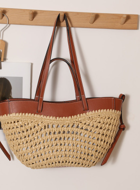 ins时尚大容量撞色编织包新款单肩手提托特草编包海边度假沙滩包