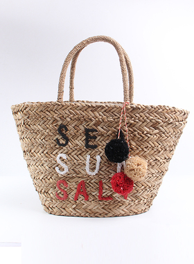 毛球草编包沙滩包2018简约新款编织女大字母刺绣单肩手提旅游度假